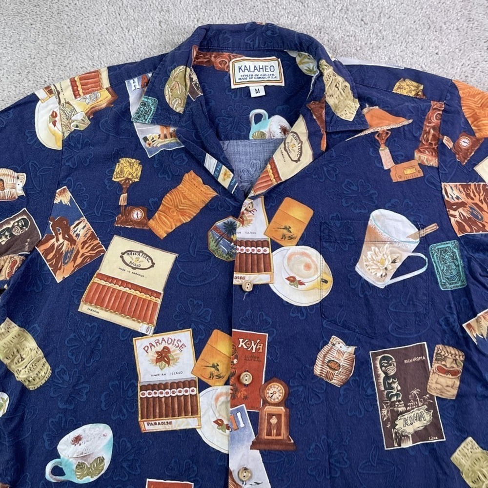 Kalaheo‎ Shirt Mens Medium Blue Hawaiian Cigars Hula Girl Tiki Resortwear Camp